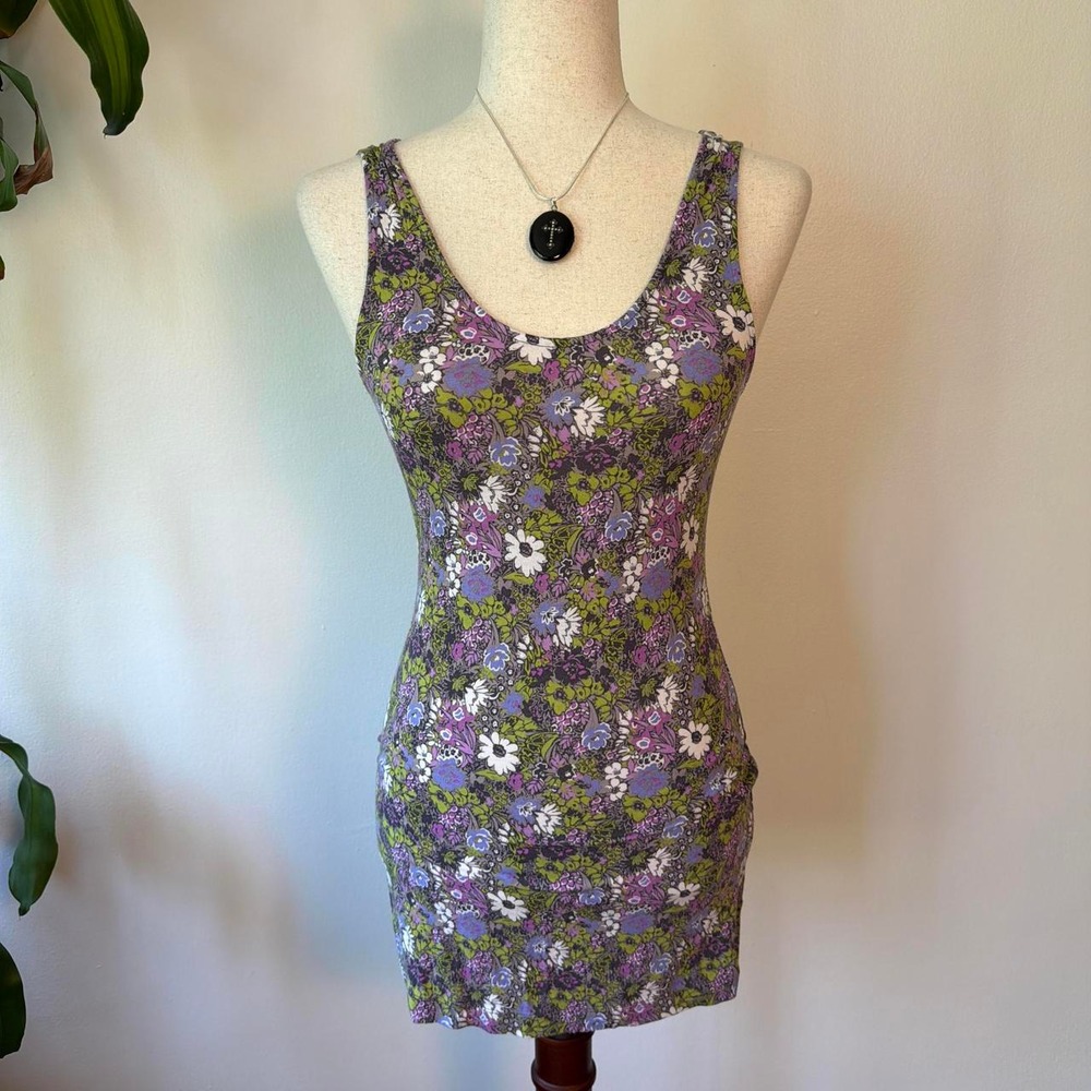 Vintage Intimately Free People Lavender Floral Bodycon Tank Dress XS Mini Tunic